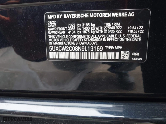 2022 BMW X7 xDrive40i with VIN 5UXCW2C08N9L13169, listed as a IAAI auction lot 41726947 with 59,752 mi miles. Bid and sale history available at carsss.com. Image 9.