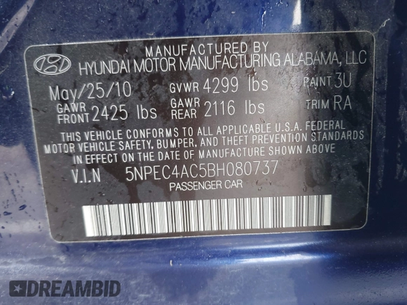 2011 Hyundai Sonata Limited with VIN 5NPEC4AC5BH080737, listed as a IAAI auction lot 41893204 with 126,033 mi miles and . Bid and sale history available at DreamBid. Image 9.