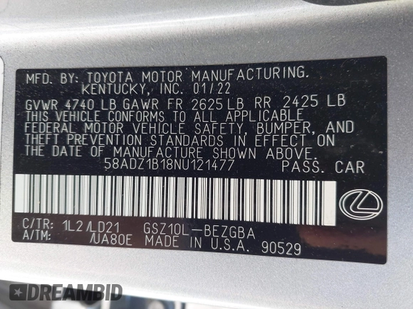 2022 Lexus ES 350 z VIN 58ADZ1B18NU121477, wystawiony jako IAAI lot #41434448 z przebiegiem 28 655 mil mil oraz . Historia ofert i sprzedaży dostępna na DreamBid. Obrazek 9.
