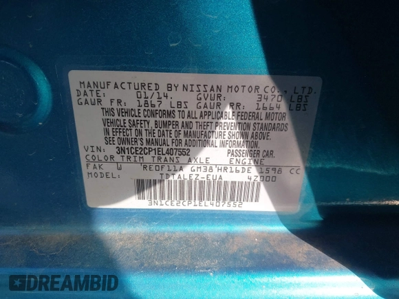 2014 Nissan Note S Plus with VIN 3N1CE2CP1EL407552, listed as a IAAI auction lot 41740957 with 64,577 mi miles and . Bid and sale history available at DreamBid. Image 9.