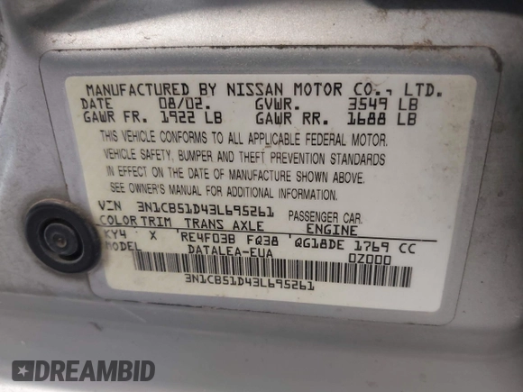 2003 Nissan Sentra XE with VIN 3N1CB51D43L695261, listed as a IAAI auction lot 42471670 with 255,972 mi miles and . Bid and sale history available at DreamBid. Image 9.