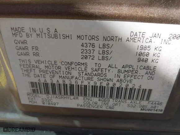 2009 Mitsubishi Galant ES with VIN 4A3AB36FX9E002024, listed as a IAAI auction lot 40210613 with 181103 miles. Bid and sale history available at carsss.com. Image 9.