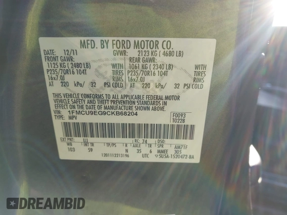 2012 Ford Escape Limited с VIN 1FMCU9EG9CKB68204, выставлен на аукционе IAAI как лот 41188399 с пробегом 121 680 миль миль и . История ставок и продаж доступна на DreamBid. Изображение 9.