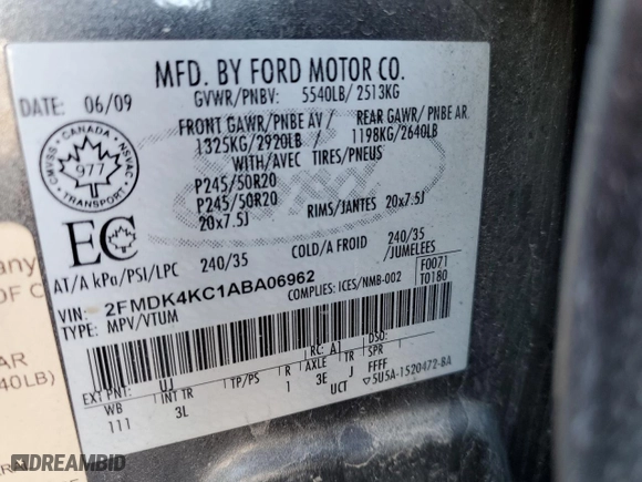 2010 Ford Edge Limited with VIN 2FMDK4KC1ABA06962, listed as a Copart auction lot 46784295 with 105,859 mi miles and Clean Title. Bid and sale history available at carsss.com. Image 15.
