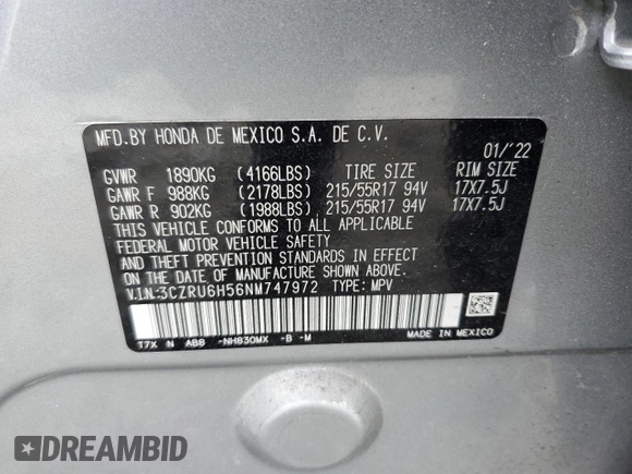 2022 Honda HR-V EX with VIN 3CZRU6H56NM747972, listed as a Copart auction lot 47858685 with 28,402 mi miles and Salvage Title. Bid and sale history available at carsss.com. Image 13.