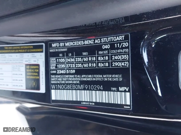 2021 Mercedes-Benz GLC with VIN W1N0G8EB0MF910294, listed as a IAAI auction lot 41577401 with 63,037 mi miles. Bid and sale history available at carsss.com. Image 9.