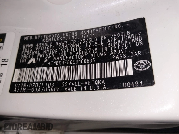 2014 Toyota Avalon Limited with VIN 4T1BK1EB6EU100635, listed as a IAAI auction lot 41609581 with 128,609 mi miles. Bid and sale history available at carsss.com. Image 9.