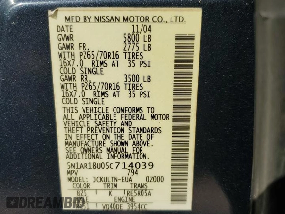 2005 Nissan Pathfinder SE with VIN 5N1AR18U05C714039, listed as a Copart auction lot 47400015 with 163,519 mi miles and Clean Title. Bid and sale history available at carsss.com. Image 14.
