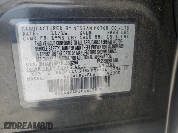 2017 Nissan Sentra SV with VIN 3N1AB7AP1HL653294, listed as a Copart auction lot 54326975 with 114,366 mi miles and Salvage Title. Bid and sale history available at carsss.com. Image 13.