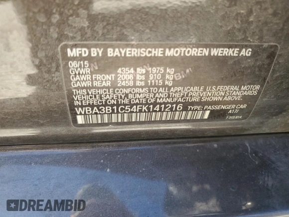 2015 BMW 3 Series 320i with VIN WBA3B1C54FK141216, listed as a Copart auction lot 43298484 with 130,646 mi miles and Salvage Title. Bid and sale history available at carsss.com. Image 12.