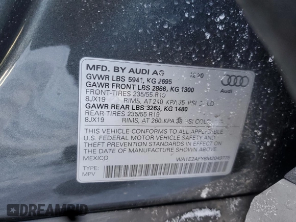 2021 Audi Q5 Premium Plus with VIN WA1E2AFY6M2049775, listed as a Copart auction lot 89149665 with 28,168 mi miles and Salvage Title. Bid and sale history available at carsss.com. Image 12.