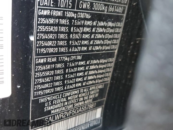 2016 Land Rover Range Rover Sport V6 HSE with VIN SALWR2VF5GA557881, listed as a Copart auction lot 54017675 with 106,189 mi miles and Clean Title. Bid and sale history available at carsss.com. Image 13.
