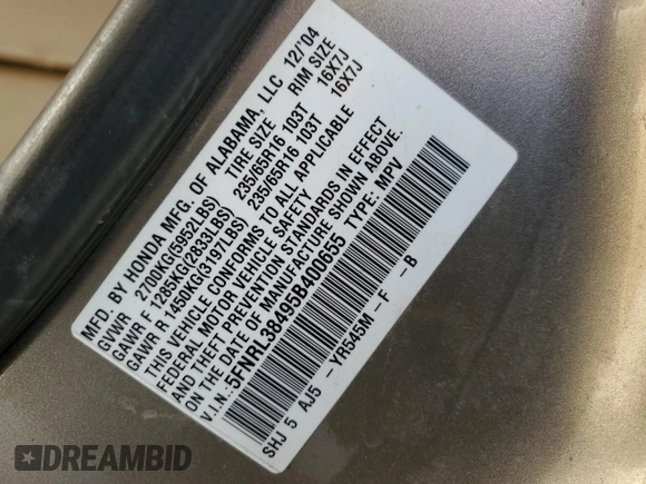 2005 Honda Odyssey EX with VIN 5FNRL38495B400655, listed as a Copart auction lot 49231485 with 0 mi miles and Salvage Title. Bid and sale history available at carsss.com. Image 13.