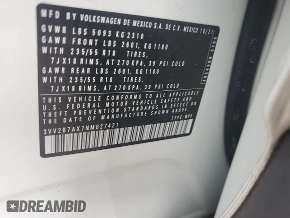 2022 Volkswagen Tiguan SE z VIN 3VV2B7AX7NM027421, wystawiony jako Copart lot #53280115 z przebiegiem 44 395 mil mil oraz Szkoda całkowita • Salvage title. Historia ofert i sprzedaży dostępna na DreamBid. Obrazek 13.