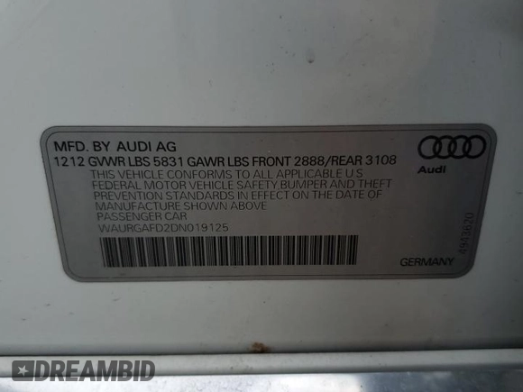 2013 Audi A8 3.0L with VIN WAURGAFD2DN019125, listed as a Copart auction lot 60959515 with 76,585 mi miles and Salvage title. Bid and sale history available at DreamBid. Image 13.