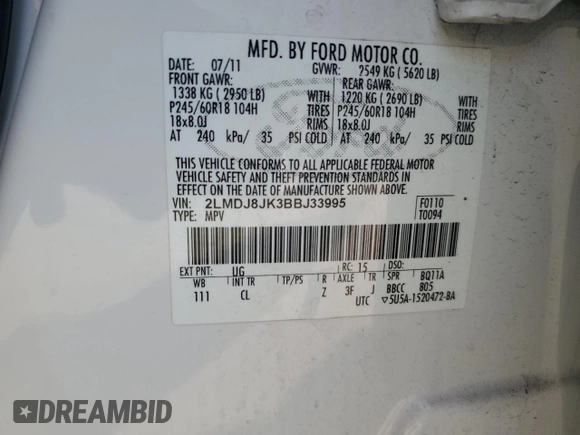 2011 Lincoln MKX with VIN 2LMDJ8JK3BBJ33995, listed as a Copart auction lot 69060004 with 188,962 mi miles and Salvage Title. Bid and sale history available at DreamBid. Image 13.