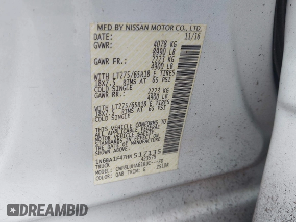 2017 Nissan Titan XD PRO-4X with VIN 1N6BA1F47HN517135, listed as a IAAI auction lot 41605323 with 108,984 mi miles. Bid and sale history available at carsss.com. Image 9.