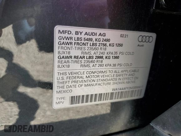 2021 Audi Q5 Premium with VIN WA1AAAFY2M2056417, listed as a Copart auction lot 52227545 with 58,931 mi miles and Salvage title. Bid and sale history available at DreamBid. Image 12.