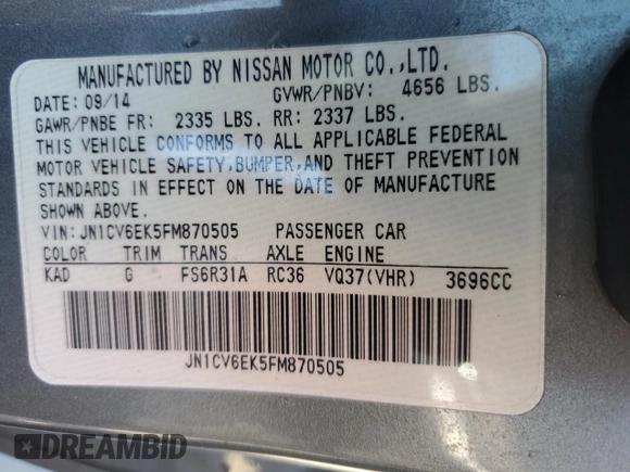 2015 Infiniti Q60 S Limited z VIN JN1CV6EK5FM870505, wystawiony jako Copart lot #70579174 z przebiegiem 108 629 mil mil oraz Szkoda całkowita • Salvage title. Historia ofert i sprzedaży dostępna na DreamBid. Obrazek 13.