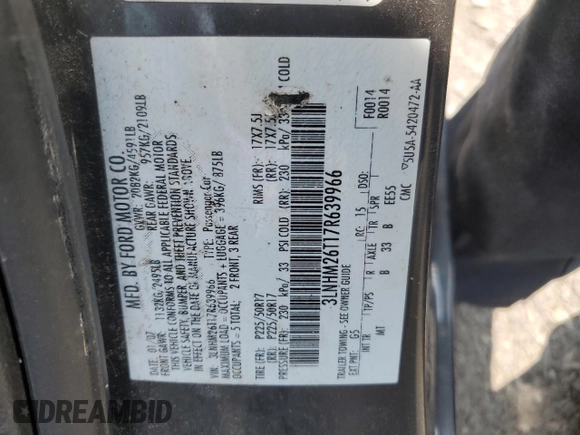 2007 Lincoln MKZ with VIN 3LNHM26T17R639966, listed as a Copart auction lot 59353455 with 126,357 mi miles and Salvage title. Bid and sale history available at DreamBid. Image 12.