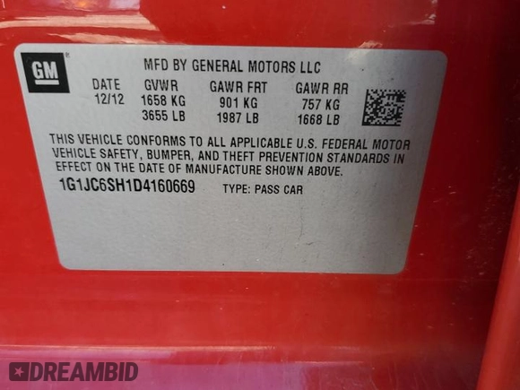 2013 Chevrolet Sonic LT with VIN 1G1JC6SH1D4160669, listed as a Copart auction lot 49677885 with 100,233 mi miles and Salvage Title. Bid and sale history available at carsss.com. Image 13.