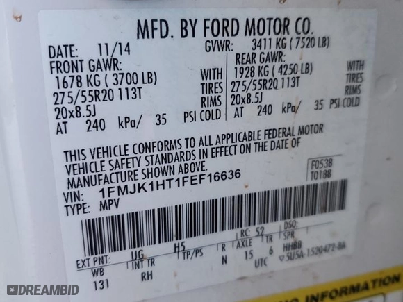2015 Ford Expedition EL XLT with VIN 1FMJK1HT1FEF16636, listed as a Copart auction lot 87453664 with 223,639 mi miles and Salvage Title. Bid and sale history available at carsss.com. Image 14.