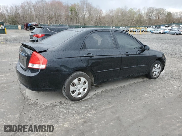 2009 Kia Spectra EX with VIN KNAFE222795620282, listed as a Copart auction lot 53187425 with 0 mi miles and Salvage Title. Bid and sale history available at carsss.com. Image 3.