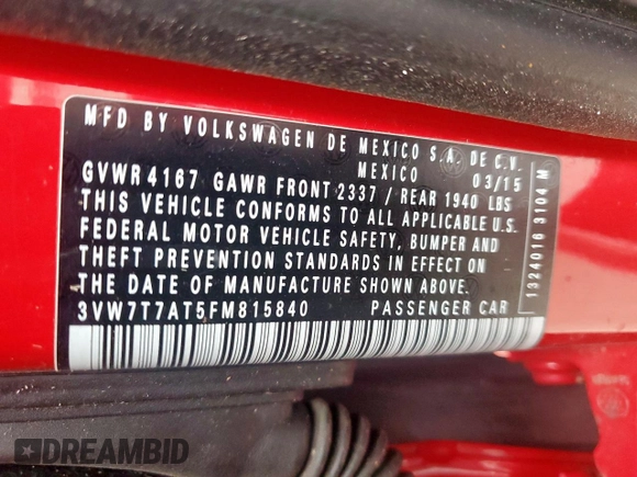 2015 Volkswagen Beetle R-Line z VIN 3VW7T7AT5FM815840, wystawiony jako Copart lot #57490285 z przebiegiem 40 153 mil mil oraz Szkoda całkowita • Salvage title. Historia ofert i sprzedaży dostępna na DreamBid. Obrazek 13.