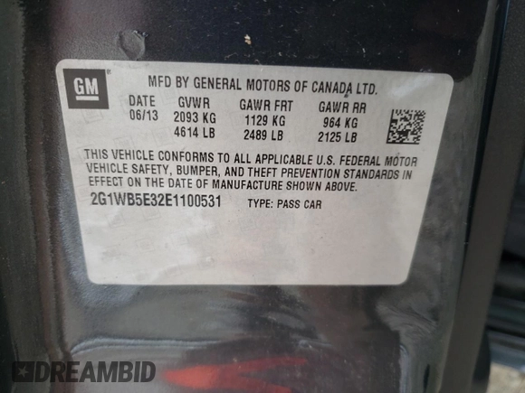 2014 Chevrolet Impala LT with VIN 2G1WB5E32E1100531, listed as a Copart auction lot 55635635 with 292,383 mi miles and Salvage title. Bid and sale history available at DreamBid. Image 12.