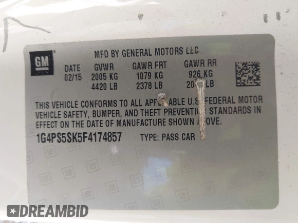 2015 Buick Verano Group z VIN 1G4PS5SK5F4174857, wystawiony jako IAAI lot #42728501 z przebiegiem 175 894 mil mil oraz . Historia ofert i sprzedaży dostępna na DreamBid. Obrazek 9.