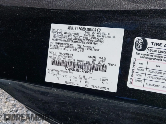 2013 Ford Mustang V6 with VIN 1ZVBP8AM9D5220487, listed as a IAAI auction lot 42189571 with 132,388 mi miles and . Bid and sale history available at DreamBid. Image 9.