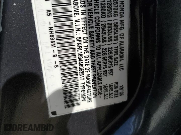 2004 Honda Odyssey EX-L with VIN 5FNRL18944B052617, listed as a Copart auction lot 51443625 with 144,346 mi miles and Salvage Title. Bid and sale history available at DreamBid. Image 16.