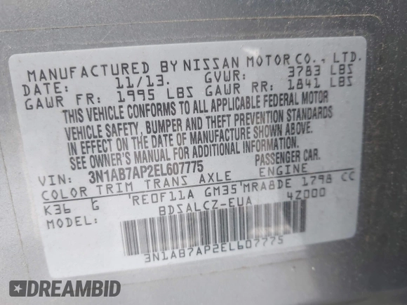 2014 Nissan Sentra S with VIN 3N1AB7AP2EL607775, listed as a IAAI auction lot 42127174 with 163,464 mi miles and . Bid and sale history available at DreamBid. Image 9.