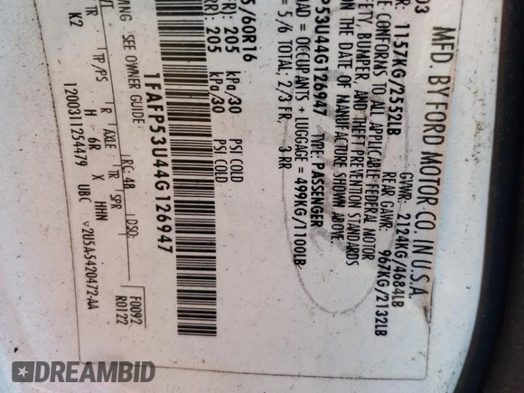 2004 Ford Taurus SE with VIN 1FAFP53U44G126947, listed as a Copart auction lot 63400684 with 96,635 mi miles and Non repairable. Bid and sale history available at DreamBid. Image 12.