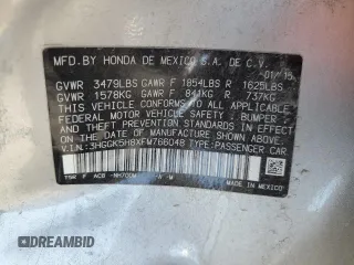 2015 Honda Fit EX-L z VIN 3HGGK5H8XFM766048, wystawiony jako Copart lot #56436135 z przebiegiem 67 587 mil mil oraz Szkoda całkowita • Salvage title. Historia ofert i sprzedaży dostępna na DreamBid. Obrazek 12.