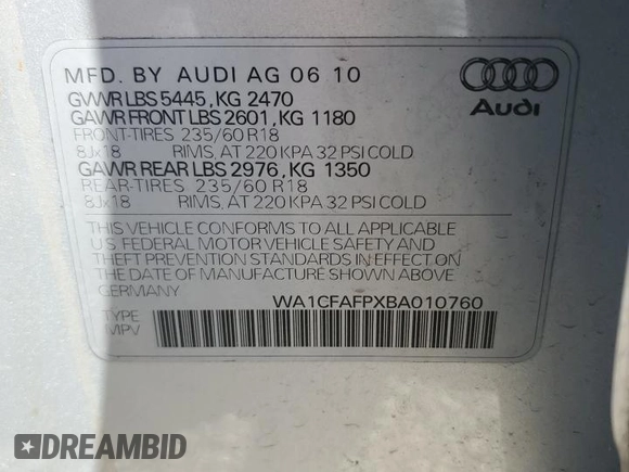 2011 Audi Q5 Premium with VIN WA1CFAFPXBA010760, listed as a Copart auction lot 64846295 with 49,595 mi miles and Salvage title. Bid and sale history available at DreamBid. Image 13.