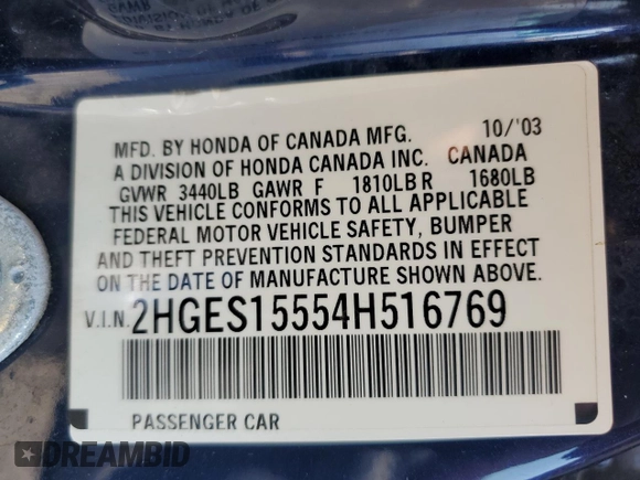 2004 Honda Civic LX with VIN 2HGES15554H516769, listed as a Copart auction lot 68873934 with 127,908 mi miles and Salvage Title. Bid and sale history available at carsss.com. Image 12.