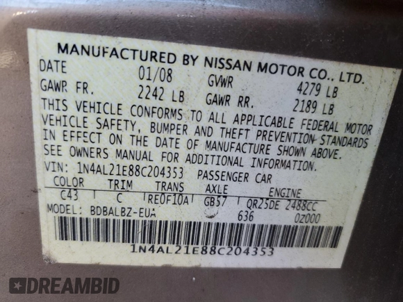 2008 Nissan Altima 2.5 S with VIN 1N4AL21E88C204353, listed as a Copart auction lot 46187445 with 200,824 mi miles and Salvage Title. Bid and sale history available at carsss.com. Image 14.