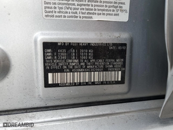 2012 Subaru Legacy 2.5i Limited with VIN 4S3BMBK6XC3029664, listed as a Copart auction lot 50833285 with 140457 miles and Salvage Title. Bid and sale history available at carsss.com. Image 12.