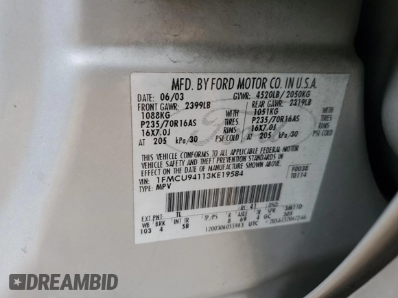 2003 Ford Escape Limited with VIN 1FMCU94113KE19584, listed as a Copart auction lot 80127324 with 267,202 mi miles and Salvage Title. Bid and sale history available at carsss.com. Image 12.