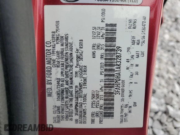 2010 Ford Fusion SE with VIN 3FAHP0HA1AR328739, listed as a Copart auction lot 50304535 with 130,210 mi miles and Salvage Title. Bid and sale history available at DreamBid. Image 12.