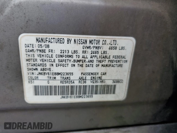 2008 Infiniti G35 Journey z VIN JNKBV61E88M223655, wystawiony jako Copart lot #56632495 z przebiegiem 306 705 mil mil oraz Szkoda całkowita • Salvage title. Historia ofert i sprzedaży dostępna na DreamBid. Obrazek 12.