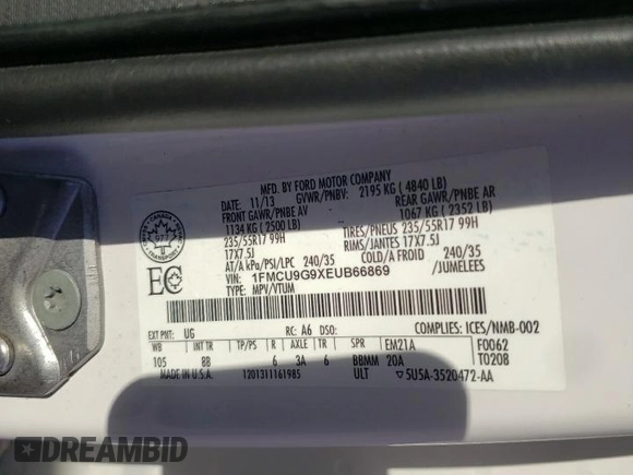 2014 Ford Escape SE z VIN 1FMCU9G9XEUB66869, wystawiony jako Copart lot #59546115 z przebiegiem 224 021 mil mil oraz Szkoda całkowita • Salvage title. Historia ofert i sprzedaży dostępna na DreamBid. Obrazek 13.