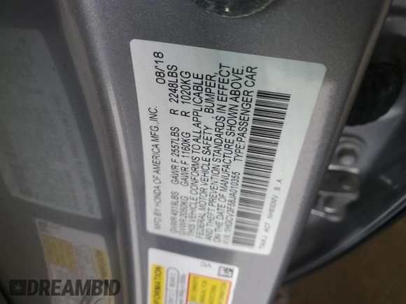 2018 Honda Accord EX-L с VIN 1HGCV3F58JA010355, выставлен на аукционе Copart как лот 51699125 с пробегом 175 368 миль миль и Списание • Salvage title. История ставок и продаж доступна на DreamBid. Изображение 12.