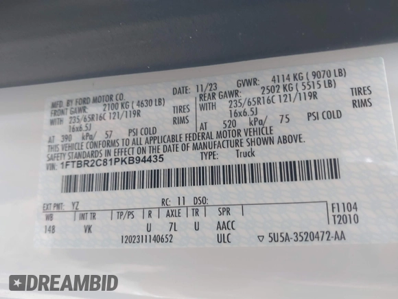 2023 Ford Transit Cargo с VIN 1FTBR2C81PKB94435, выставлен на аукционе IAAI как лот 41374220 с пробегом 18 232 миль миль и . История ставок и продаж доступна на DreamBid. Изображение 9.