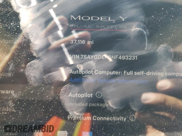 2022 Tesla Model Y Performance with VIN 7SAYGDEF6NF493231, listed as a Copart auction lot 52336284 with 37,116 mi miles and Salvage title. Bid and sale history available at DreamBid. Image 9.