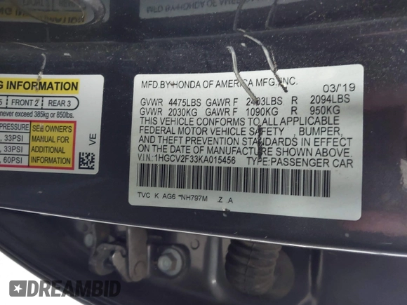 2019 Honda Accord Sport with VIN 1HGCV2F33KA015456, listed as a IAAI auction lot 42470172 with 87,477 mi miles and . Bid and sale history available at DreamBid. Image 9.