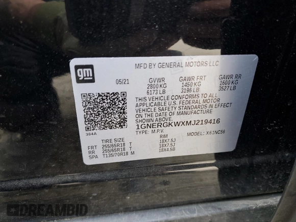 2021 Chevrolet Traverse LT Cloth with VIN 1GNERGKWXMJ219416, listed as a Copart auction lot 83608164 with 50,758 mi miles and Salvage Title. Bid and sale history available at carsss.com. Image 13.
