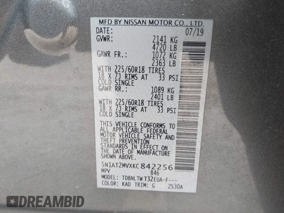 2019 Nissan Rogue SL with VIN 5N1AT2MVXKC842256, listed as a IAAI auction lot 42075237 with 100,377 mi miles and . Bid and sale history available at carsss.com. Image 9.