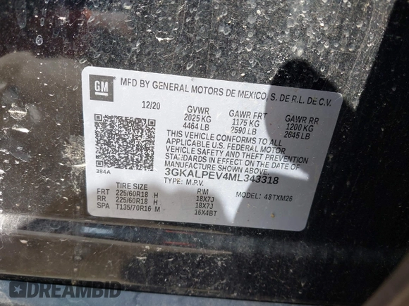 2021 GMC Terrain SLT with VIN 3GKALPEV4ML343318, listed as a IAAI auction lot 42323185 with 108,608 mi miles and . Bid and sale history available at DreamBid. Image 9.